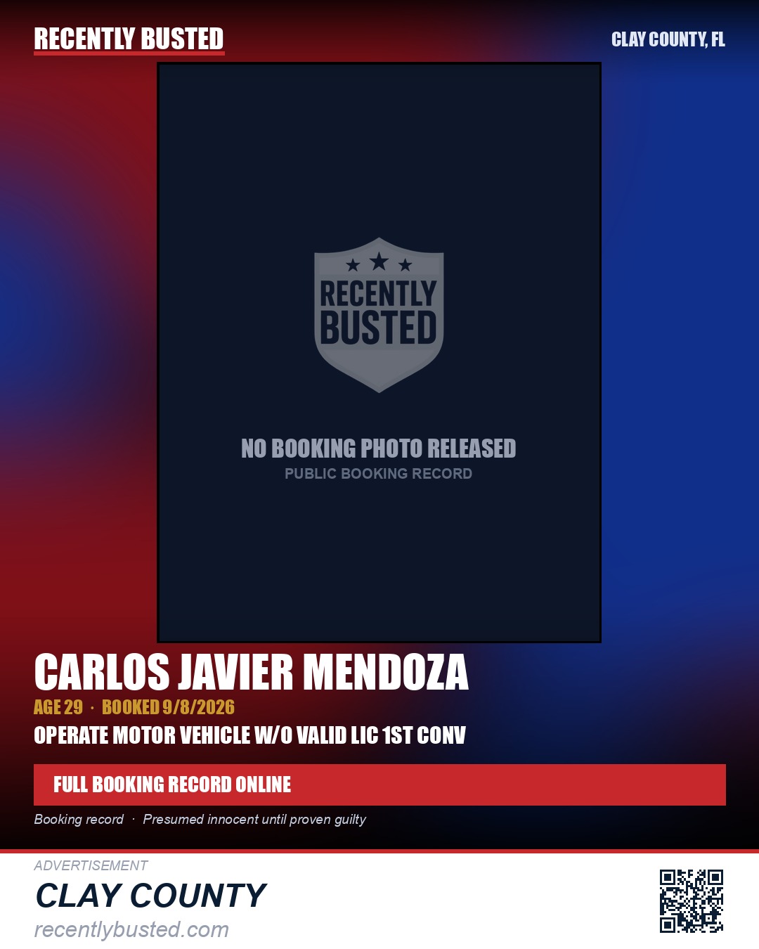 CARLOS JAVIER MENDOZA — arrest record card, Clay County, Florida