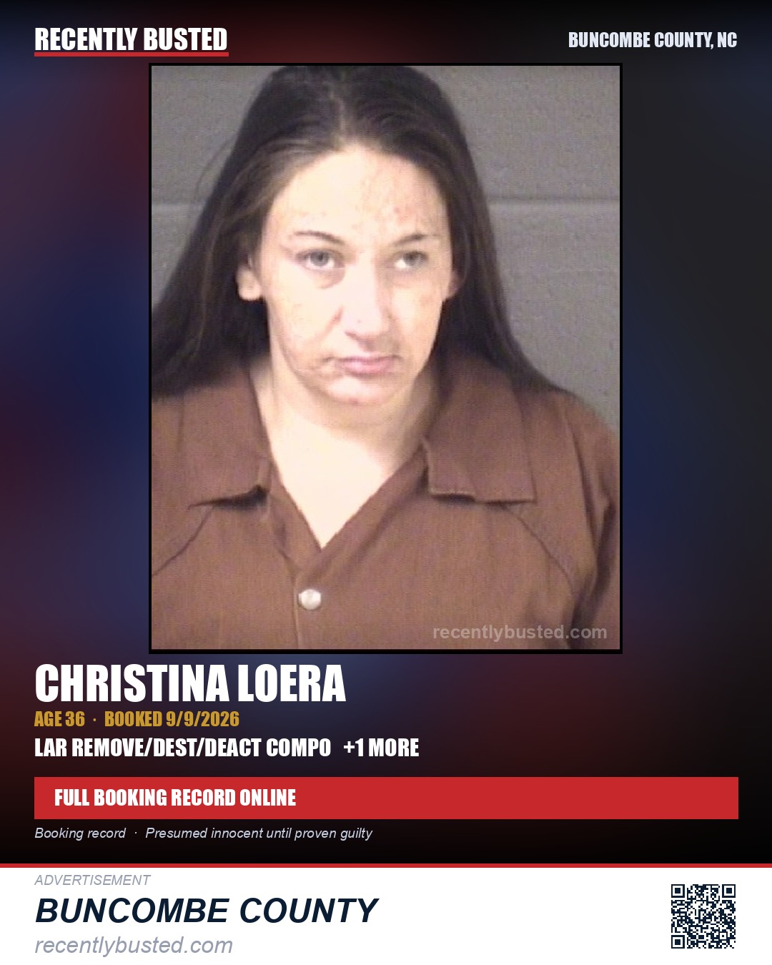 CHRISTINA LOERA — arrest record card, Buncombe County, North Carolina