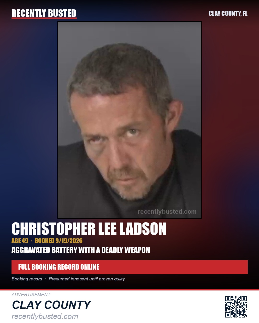 CHRISTOPHER LEE LADSON — arrest record card, Clay County, Florida
