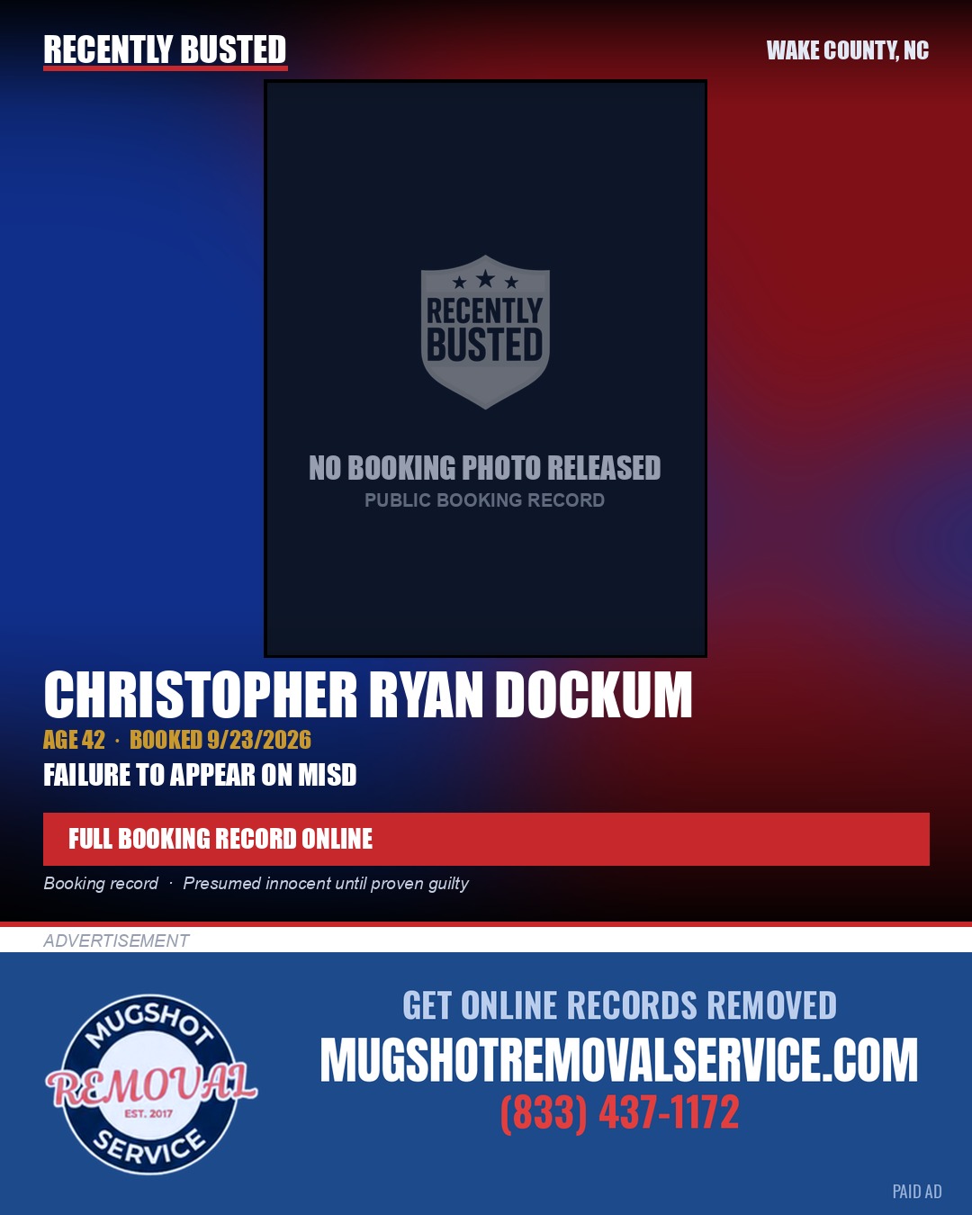 CHRISTOPHER RYAN DOCKUM — arrest record card, Wake County, North Carolina