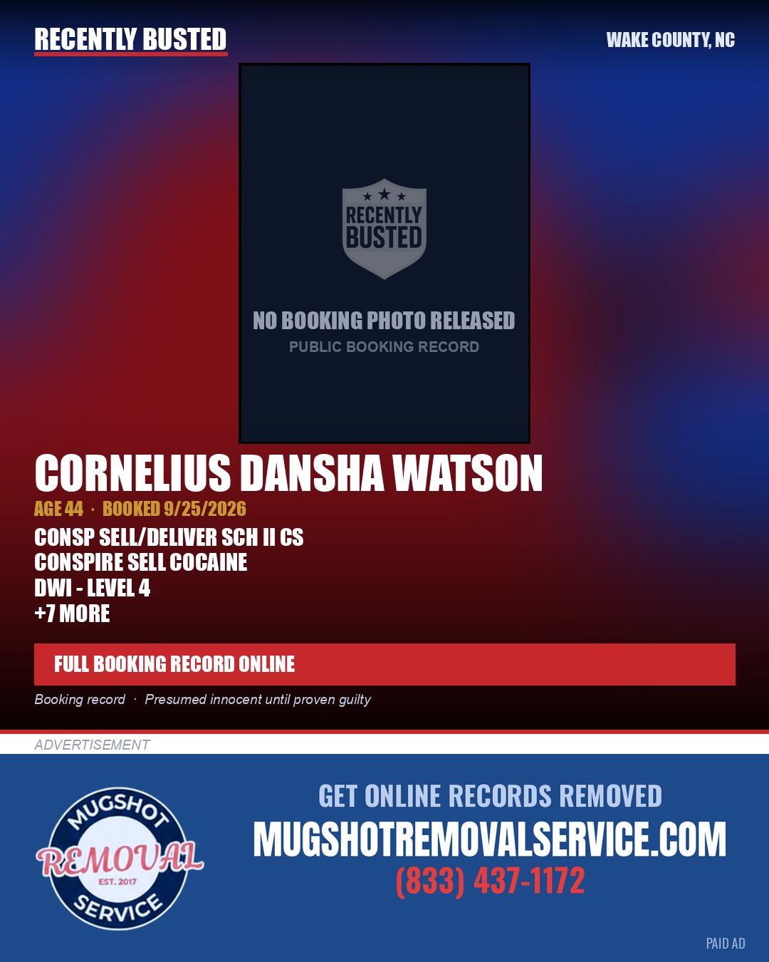 CORNELIUS DANSHA WATSON — arrest record card, Wake County, North Carolina