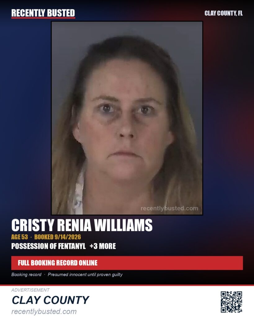 CRISTY RENIA WILLIAMS — arrest record card, Clay County, Florida