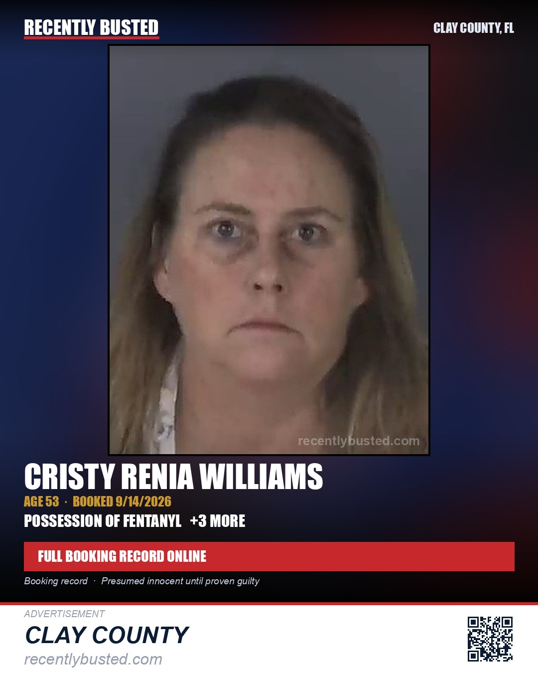 CRISTY RENIA WILLIAMS — arrest record card, Clay County, Florida