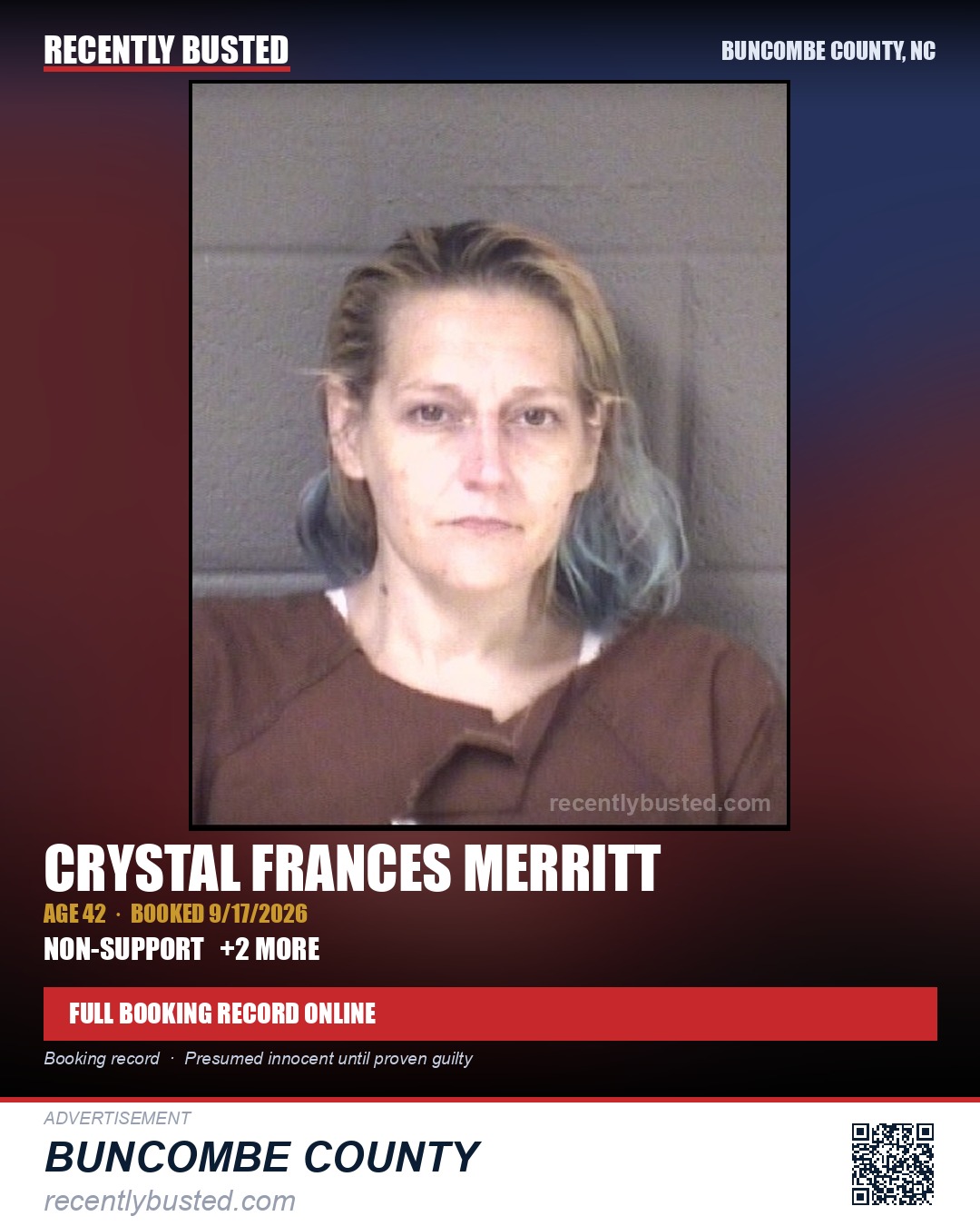 CRYSTAL FRANCES MERRITT — arrest record card, Buncombe County, North Carolina