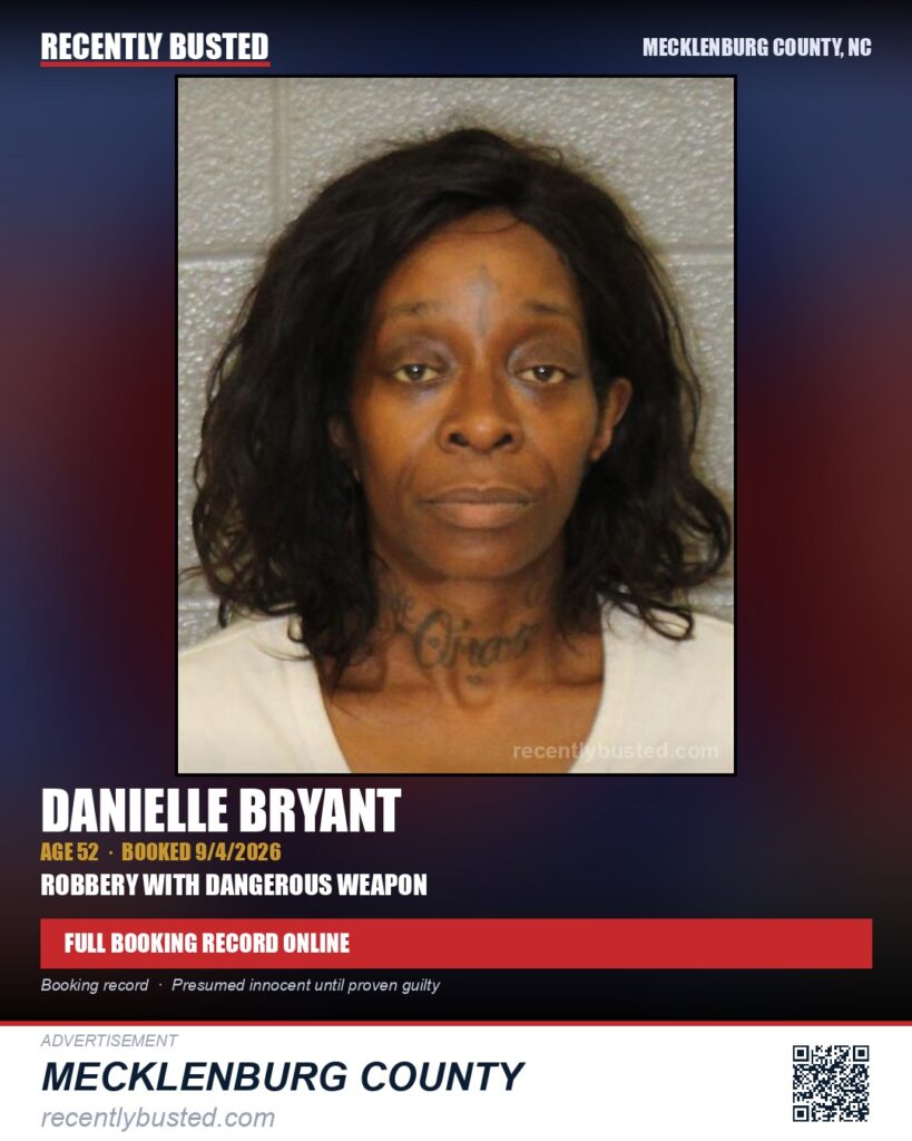 DANIELLE BRYANT — arrest record card, Mecklenburg County, North Carolina