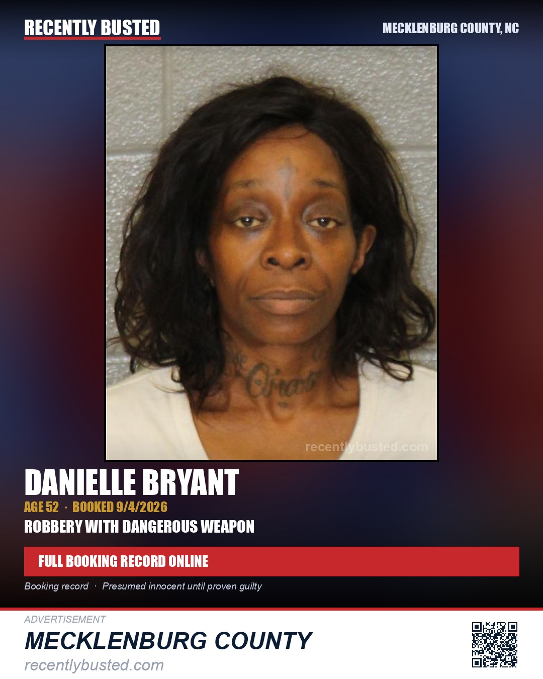 DANIELLE BRYANT — arrest record card, Mecklenburg County, North Carolina