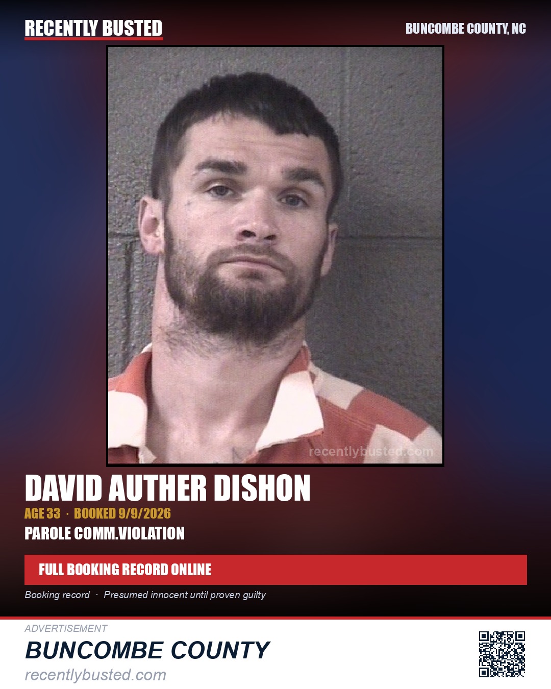 DAVID AUTHER DISHON — arrest record card, Buncombe County, North Carolina