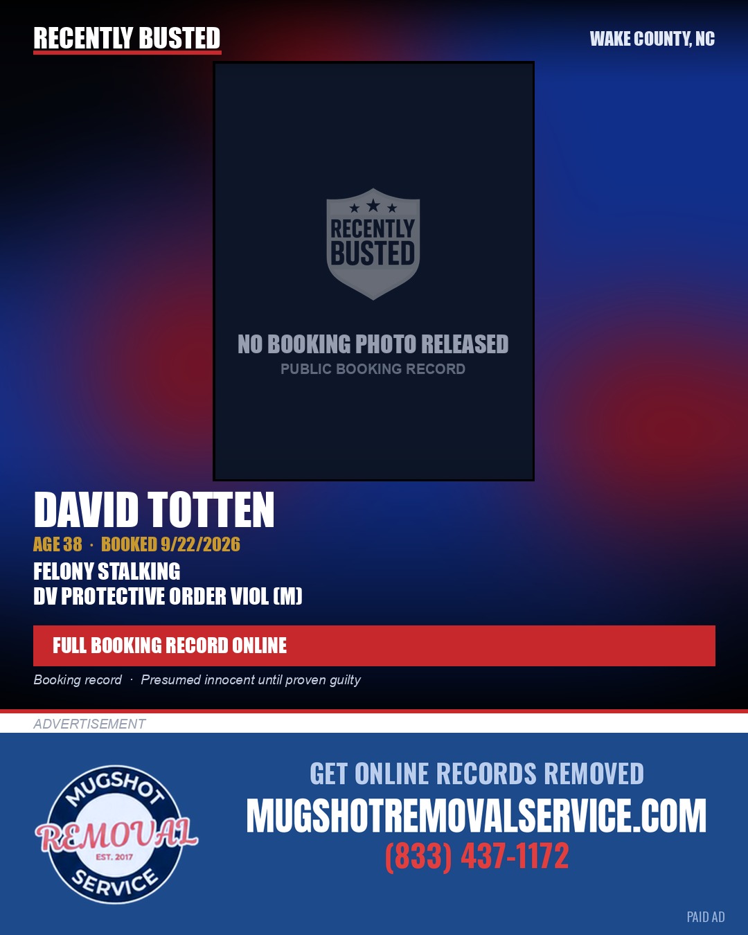DAVID TOTTEN — arrest record card, Wake County, North Carolina