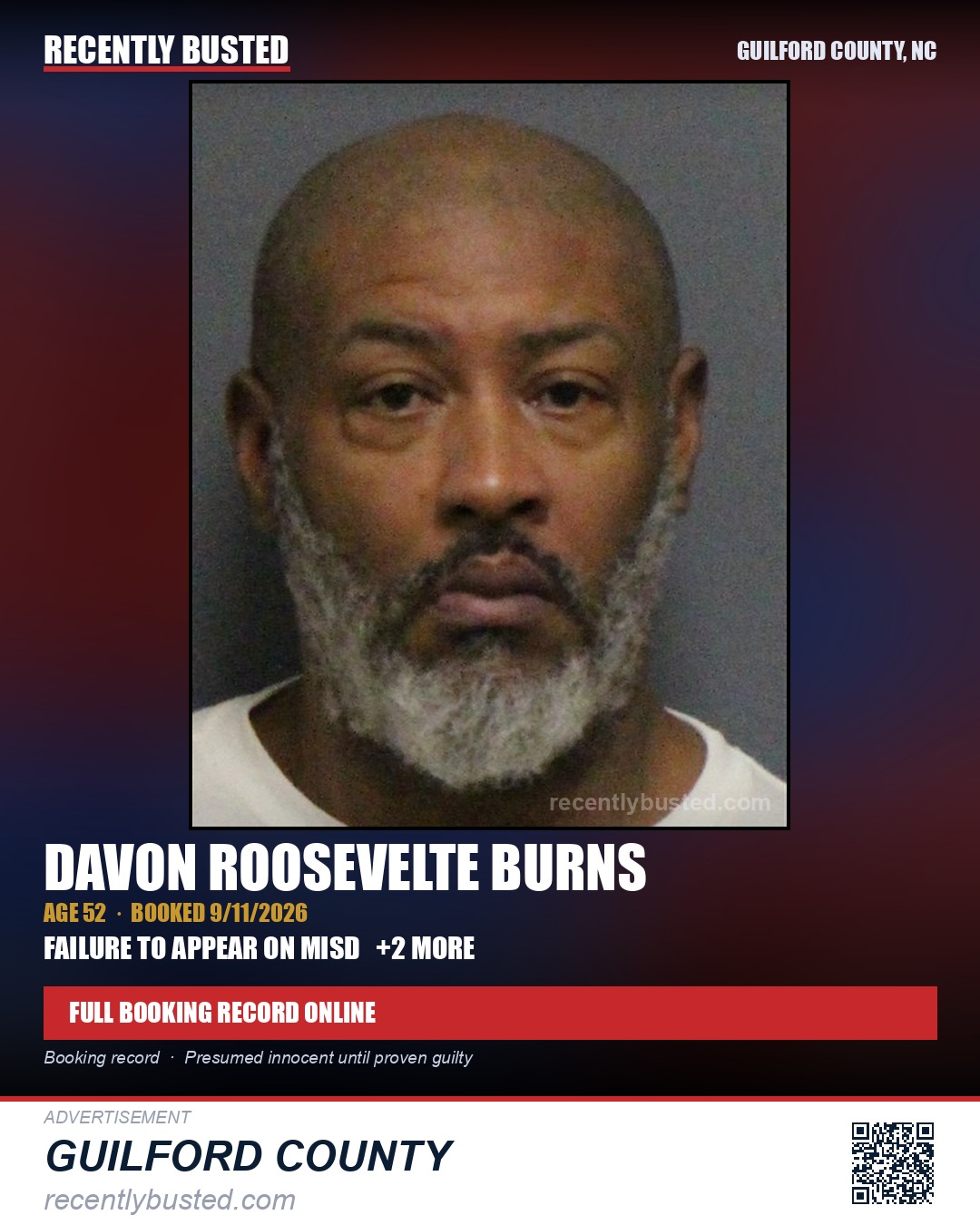 DAVON ROOSEVELTE BURNS — arrest record card, Guilford County, North Carolina