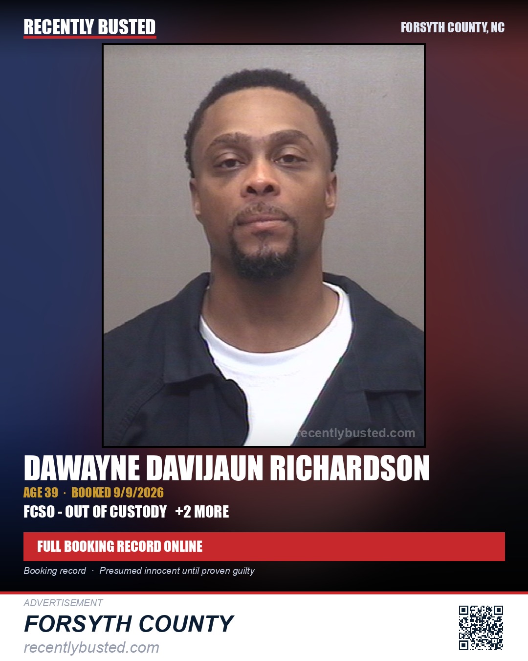 DAWAYNE DAVIJAUN RICHARDSON — arrest record card, Forsyth County, North Carolina