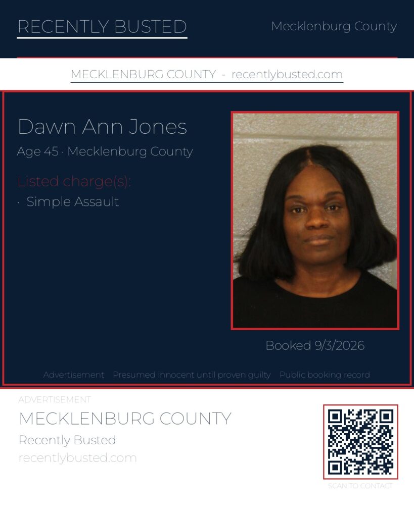 DAWN ANN JONES — arrest record card, Mecklenburg County, North Carolina