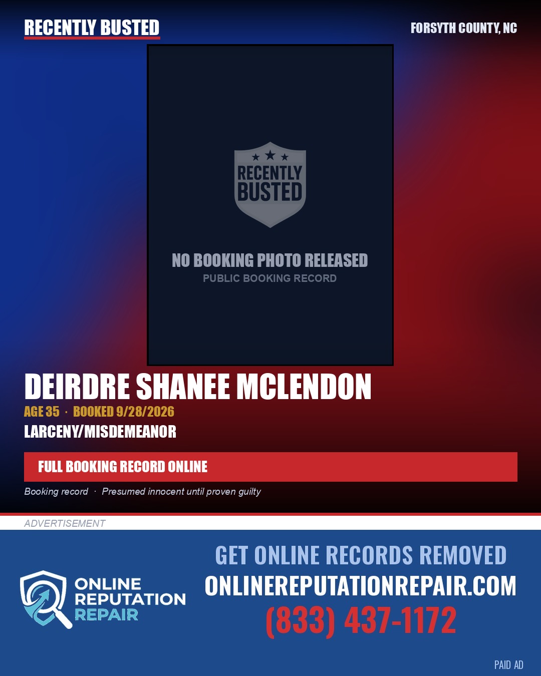 DEIRDRE SHANEE MCLENDON — arrest record card, Forsyth County, North Carolina