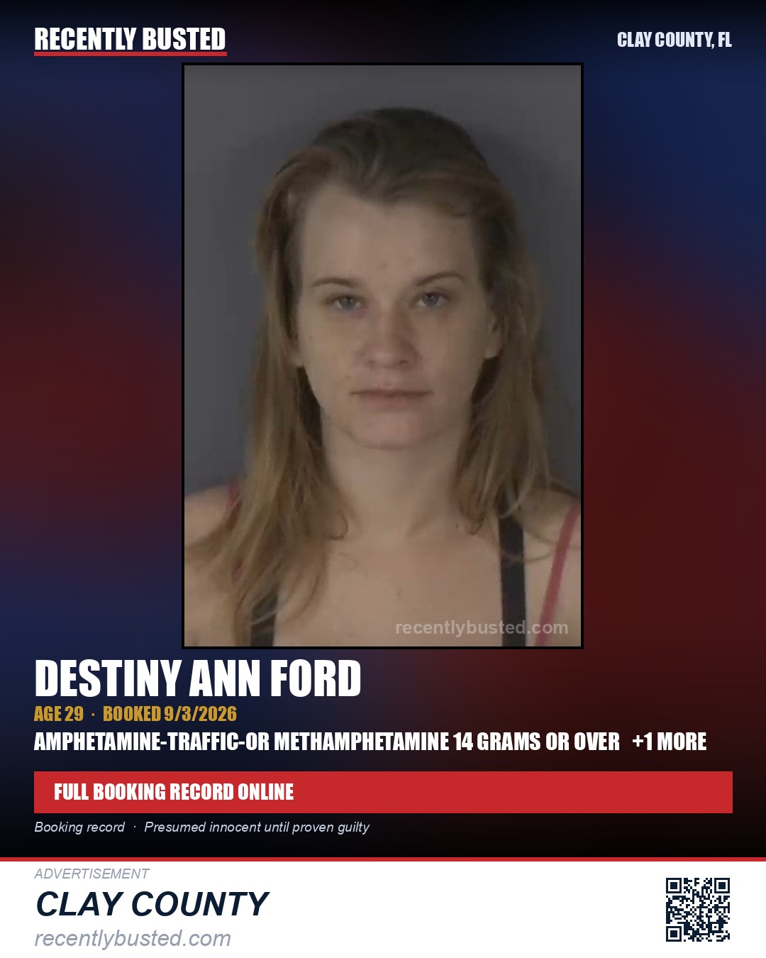 DESTINY ANN FORD — arrest record card, Clay County, Florida