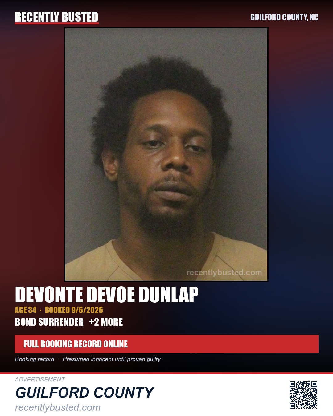 DEVONTE DEVOE DUNLAP — arrest record card, Guilford County, North Carolina