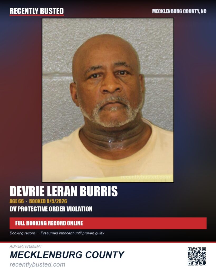DEVRIE LERAN BURRIS — arrest record card, Mecklenburg County, North Carolina