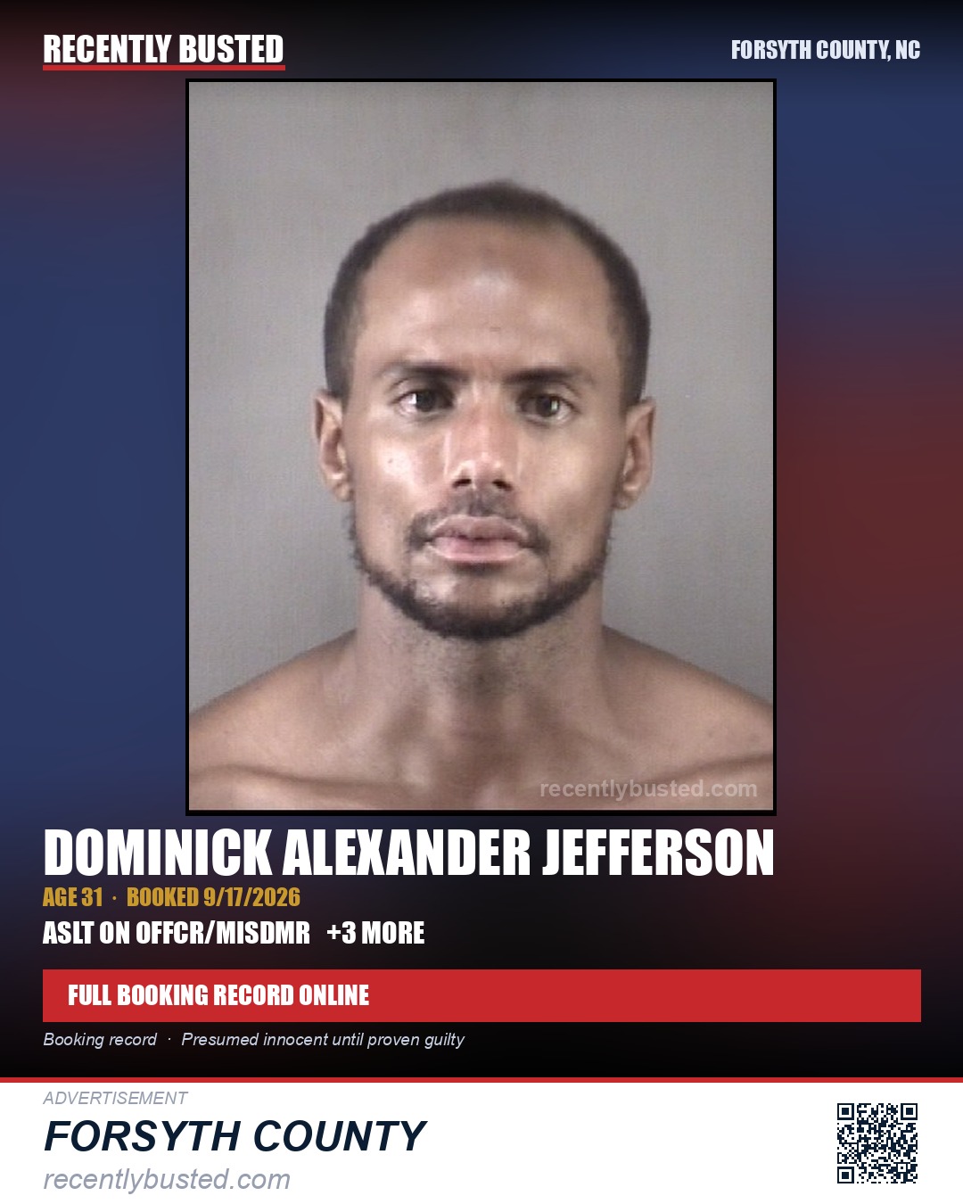 DOMINICK ALEXANDER JEFFERSON — arrest record card, Forsyth County, North Carolina