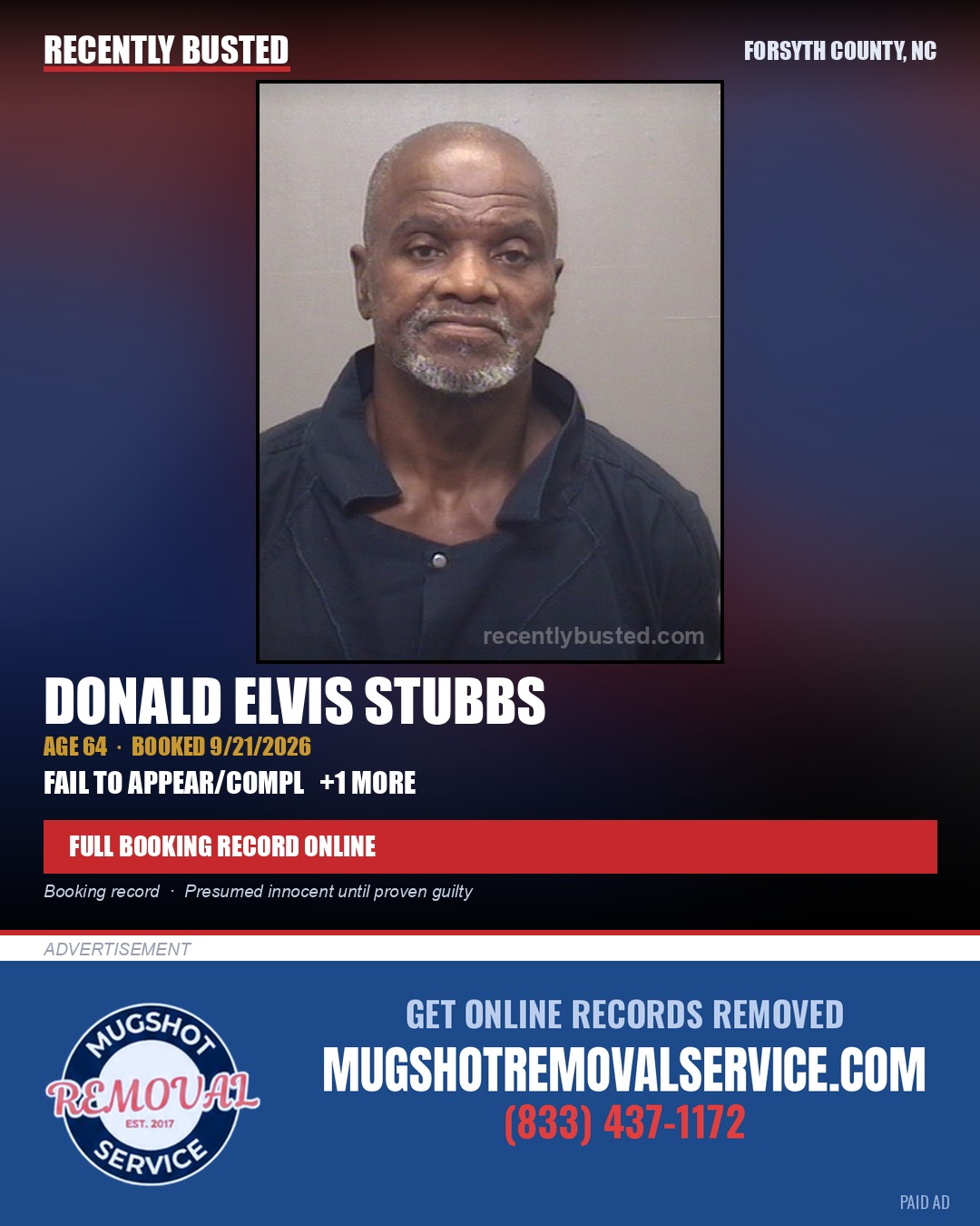 DONALD ELVIS STUBBS — arrest record card, Forsyth County, North Carolina