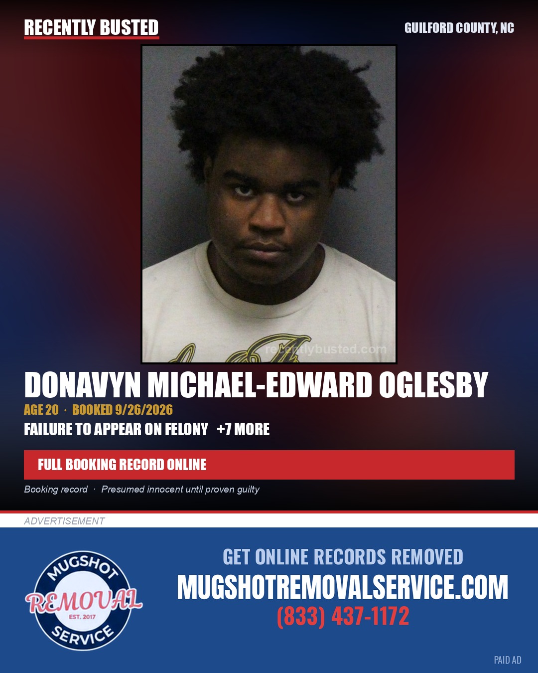 DONAVYN MICHAEL-EDWARD OGLESBY — arrest record card, Guilford County, North Carolina