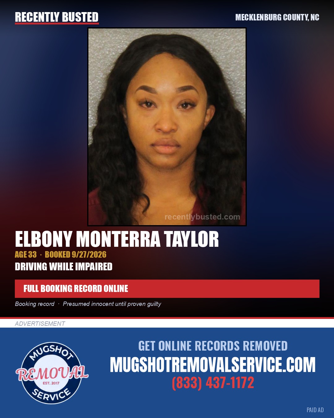 ELBONY MONTERRA TAYLOR — arrest record card, Mecklenburg County, North Carolina