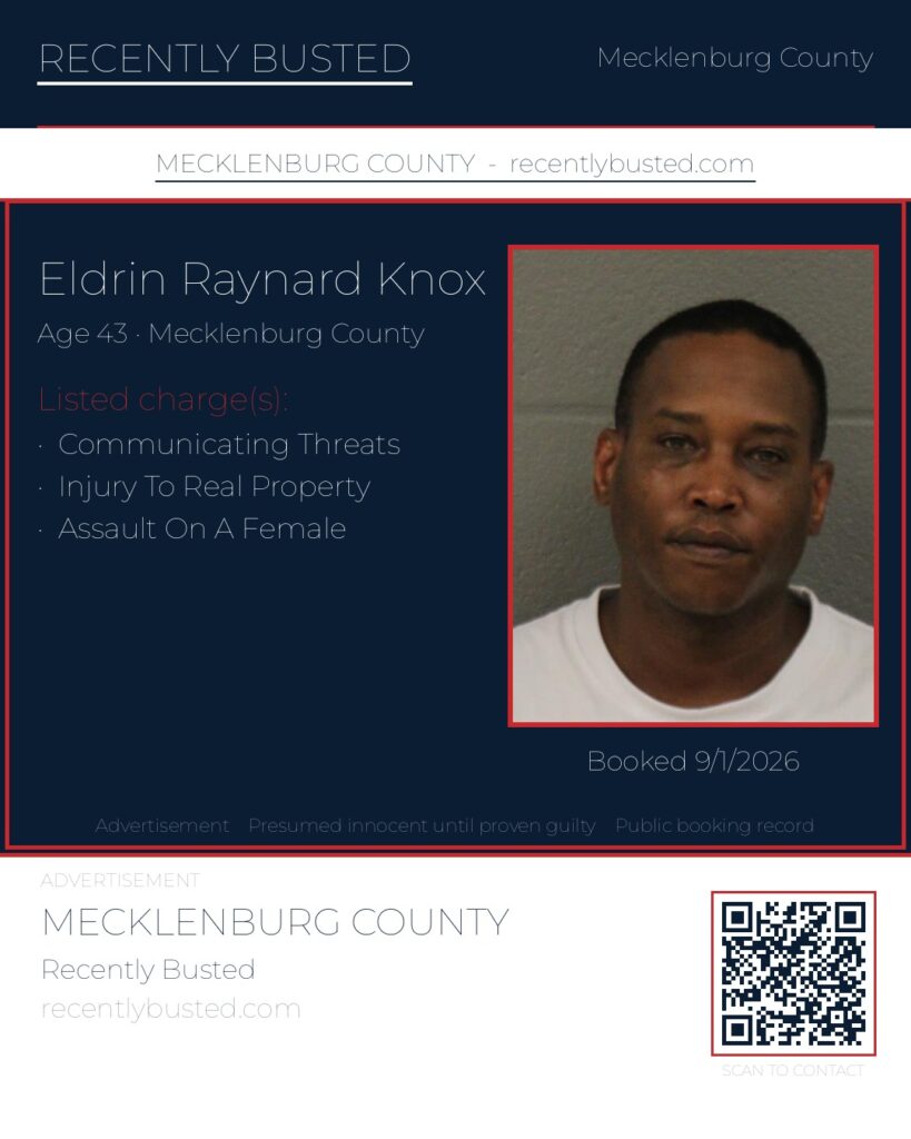 ELDRIN RAYNARD KNOX — arrest record card, Mecklenburg County, North Carolina