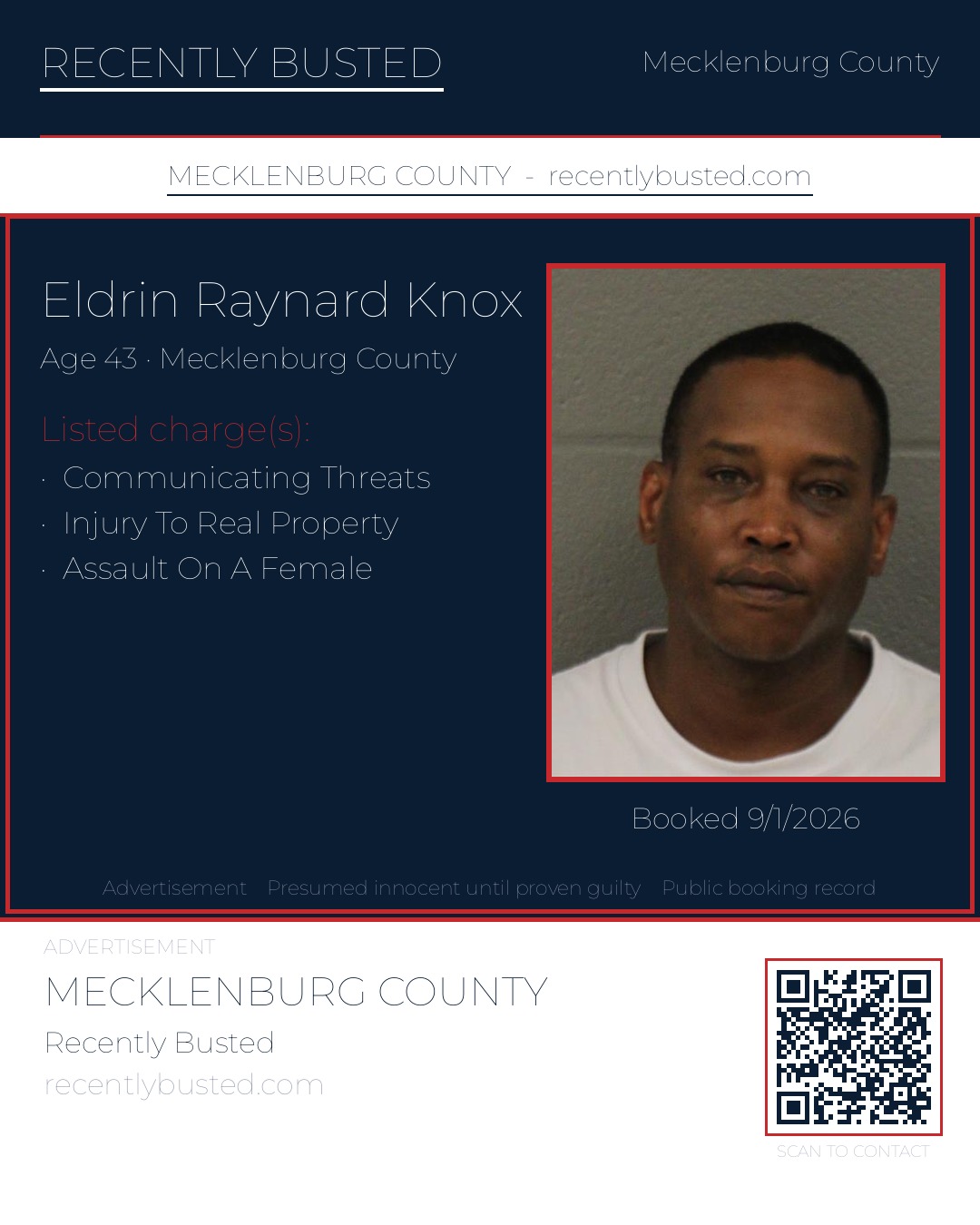 ELDRIN RAYNARD KNOX — arrest record card, Mecklenburg County, North Carolina