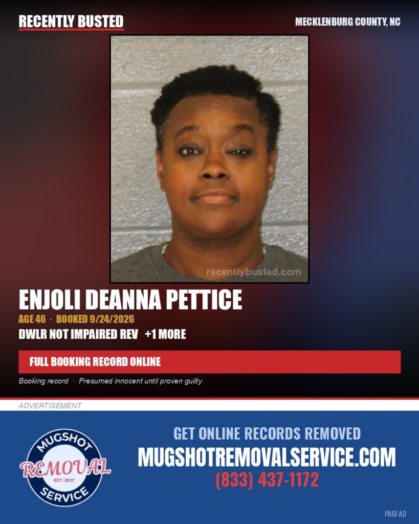 ENJOLI DEANNA PETTICE — arrest record card, Mecklenburg County, North Carolina