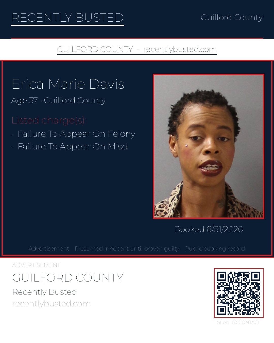 ERICA MARIE DAVIS — arrest record card, Guilford County, North Carolina