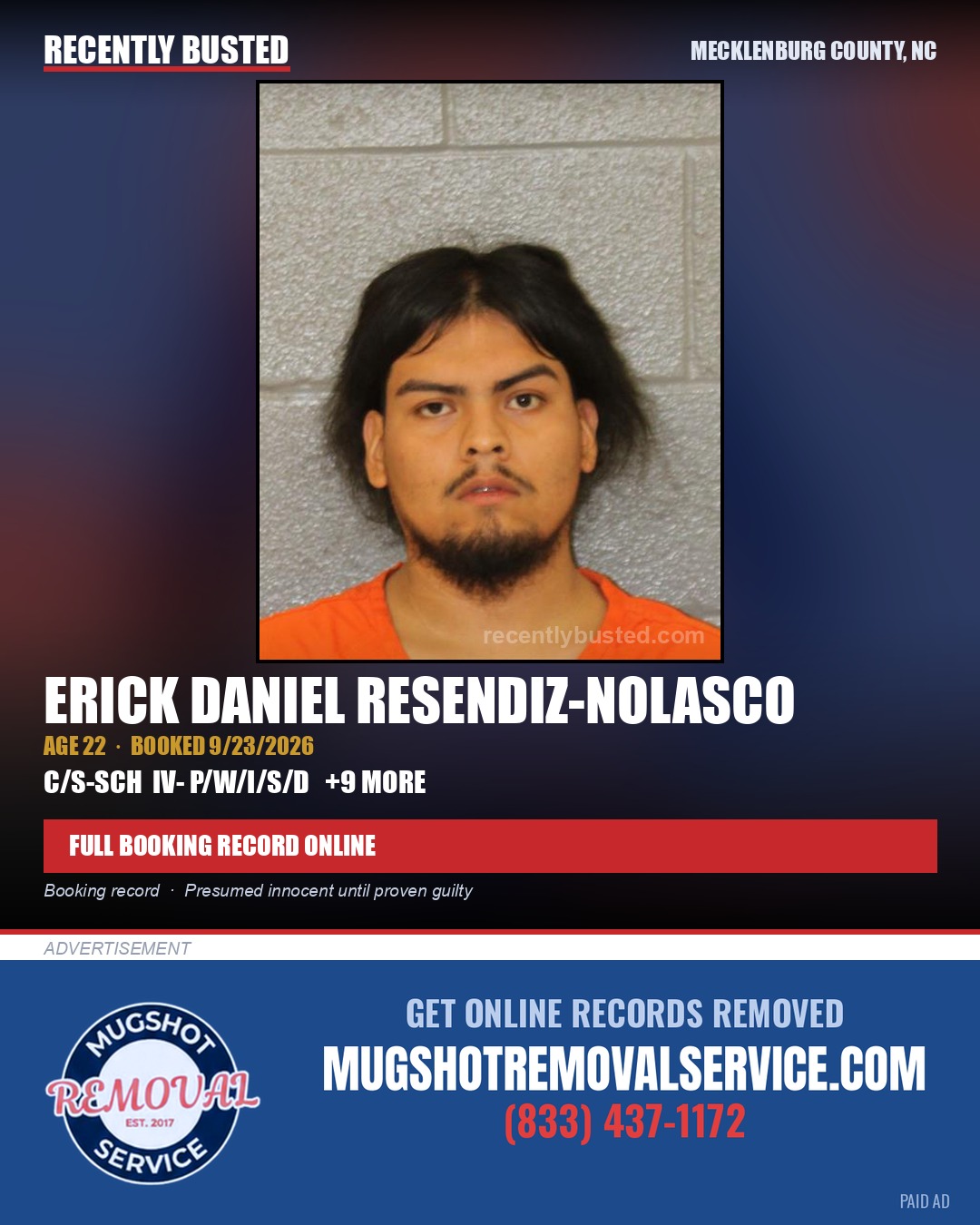 ERICK DANIEL RESENDIZ-NOLASCO — arrest record card, Mecklenburg County, North Carolina