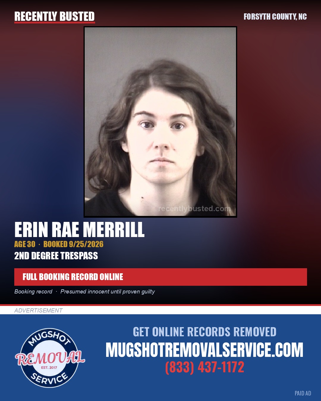 ERIN RAE MERRILL — arrest record card, Forsyth County, North Carolina