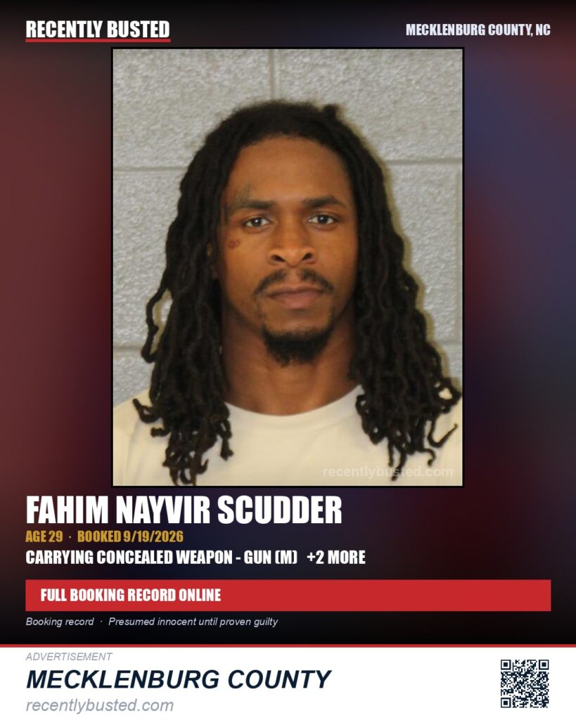 FAHIM NAYVIR SCUDDER — arrest record card, Mecklenburg County, North Carolina