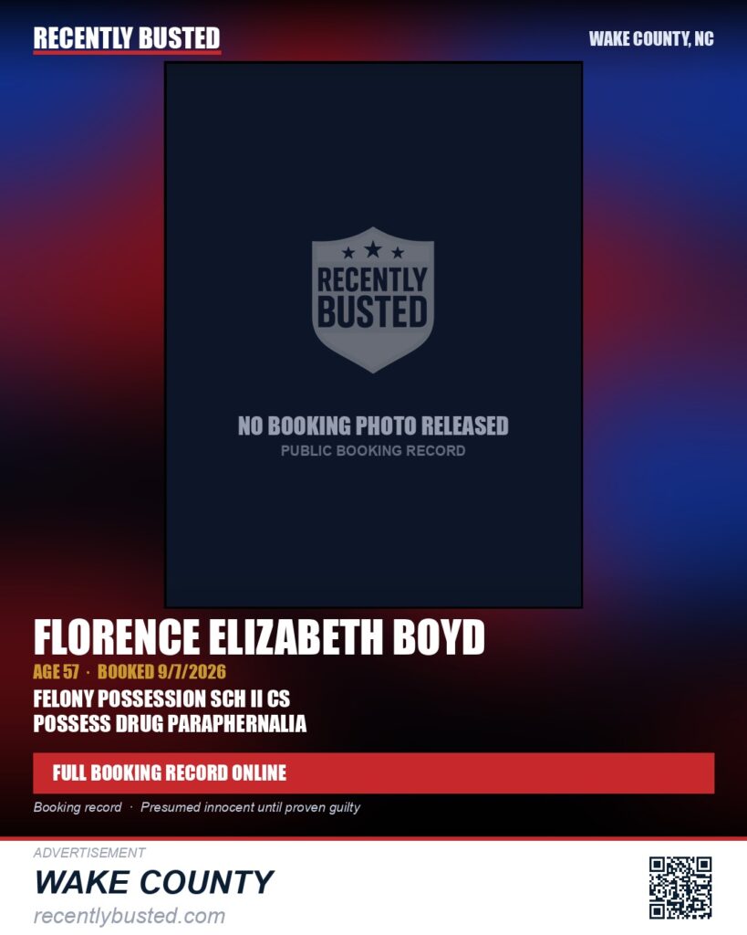 FLORENCE ELIZABETH BOYD — arrest record card, Wake County, North Carolina