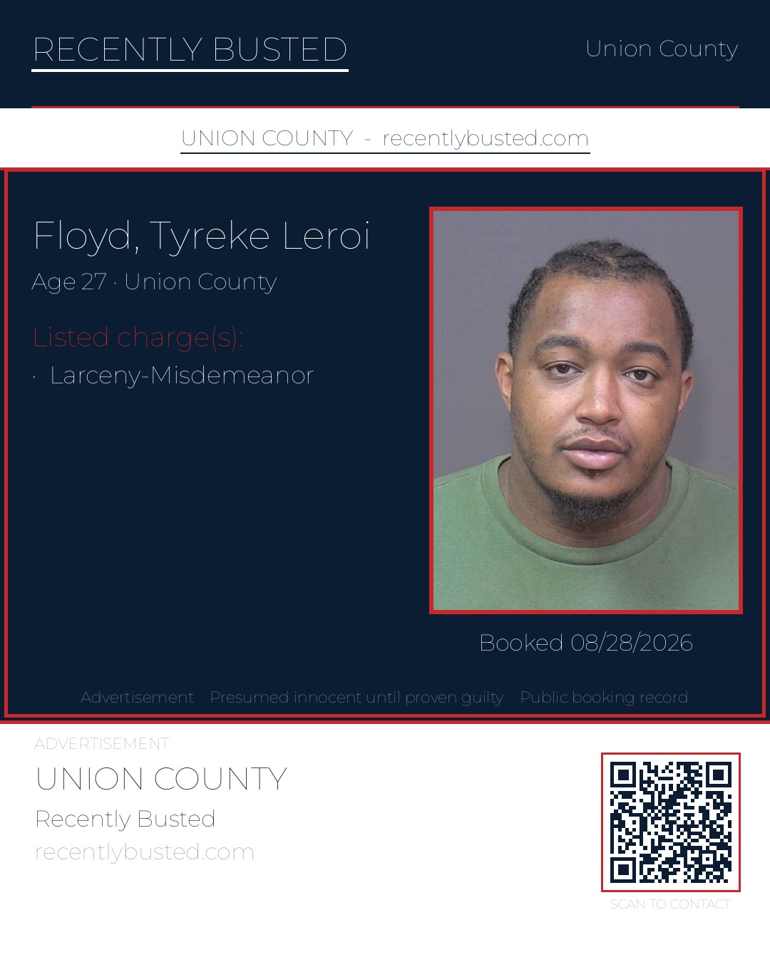 FLOYD, TYREKE LEROI — arrest record card, Union County, North Carolina
