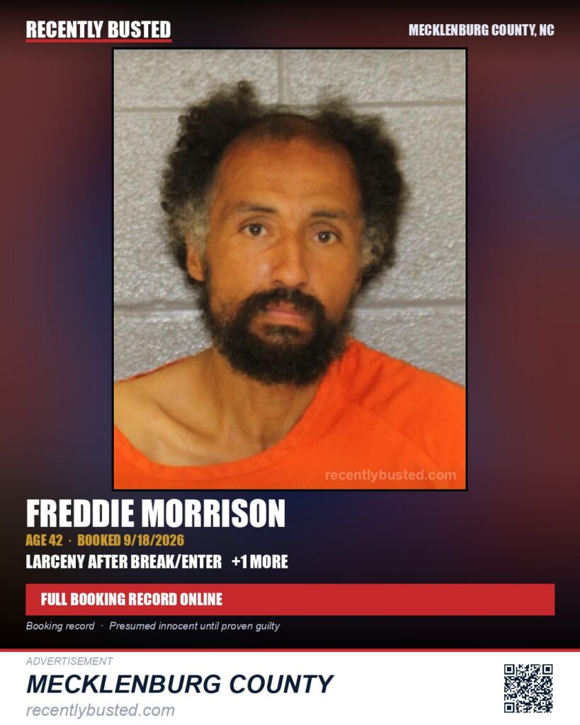 FREDDIE MORRISON — arrest record card, Mecklenburg County, North Carolina