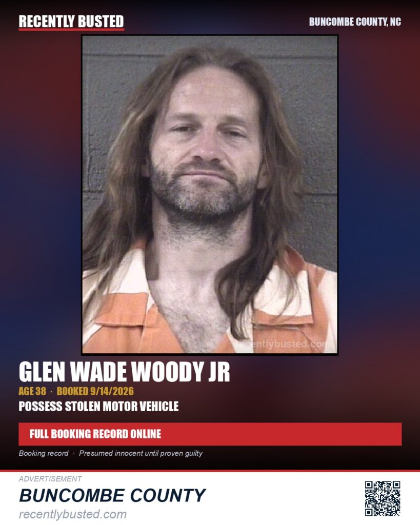 GLEN WADE WOODY JR — arrest record card, Buncombe County, North Carolina