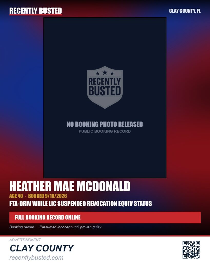 HEATHER MAE MCDONALD — arrest record card, Clay County, Florida