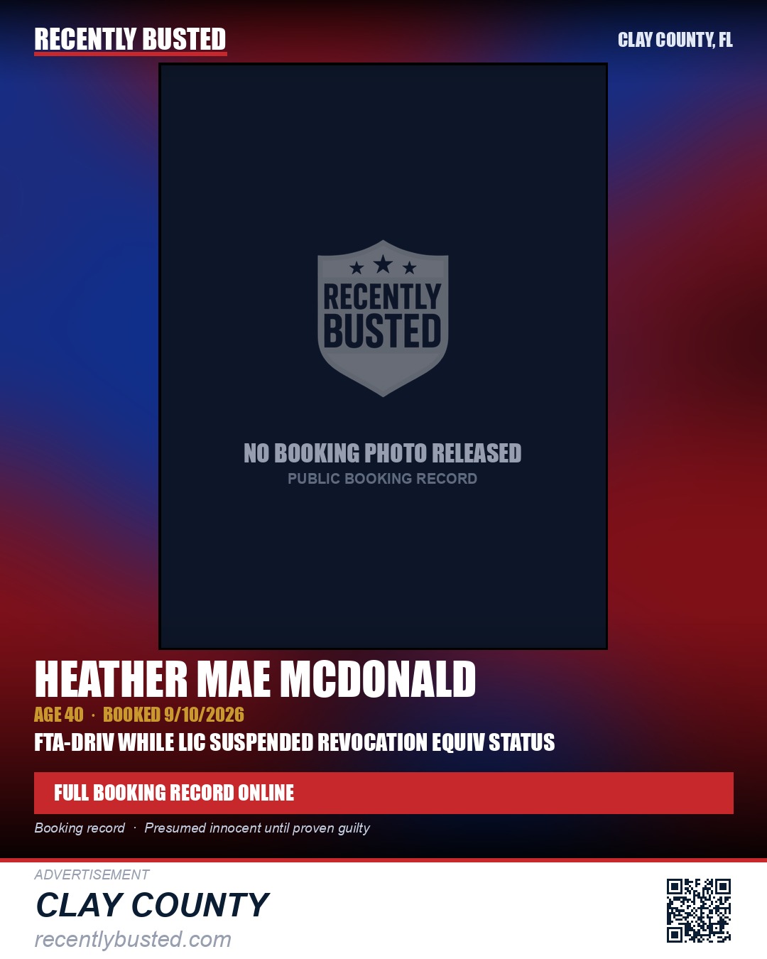 HEATHER MAE MCDONALD — arrest record card, Clay County, Florida