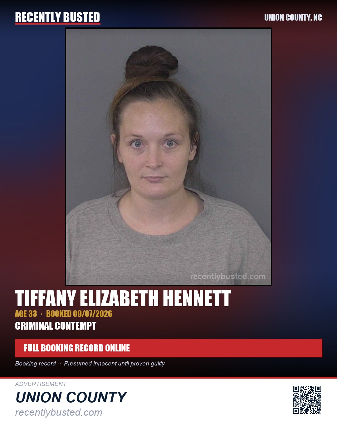 HENNETT, TIFFANY ELIZABETH — arrest record card, Union County, North Carolina