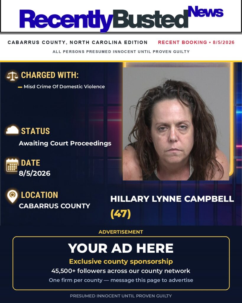 HILLARY LYNNE CAMPBELL — arrest record card, Cabarrus County