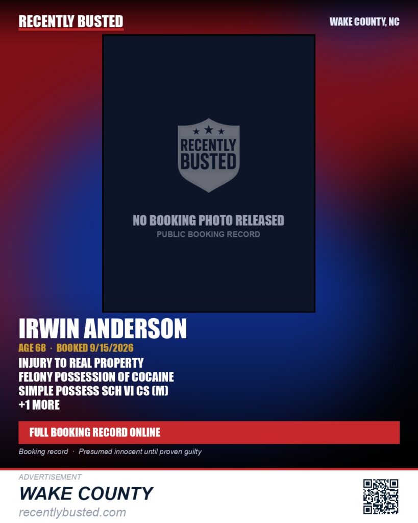 IRWIN ANDERSON — arrest record card, Wake County, North Carolina