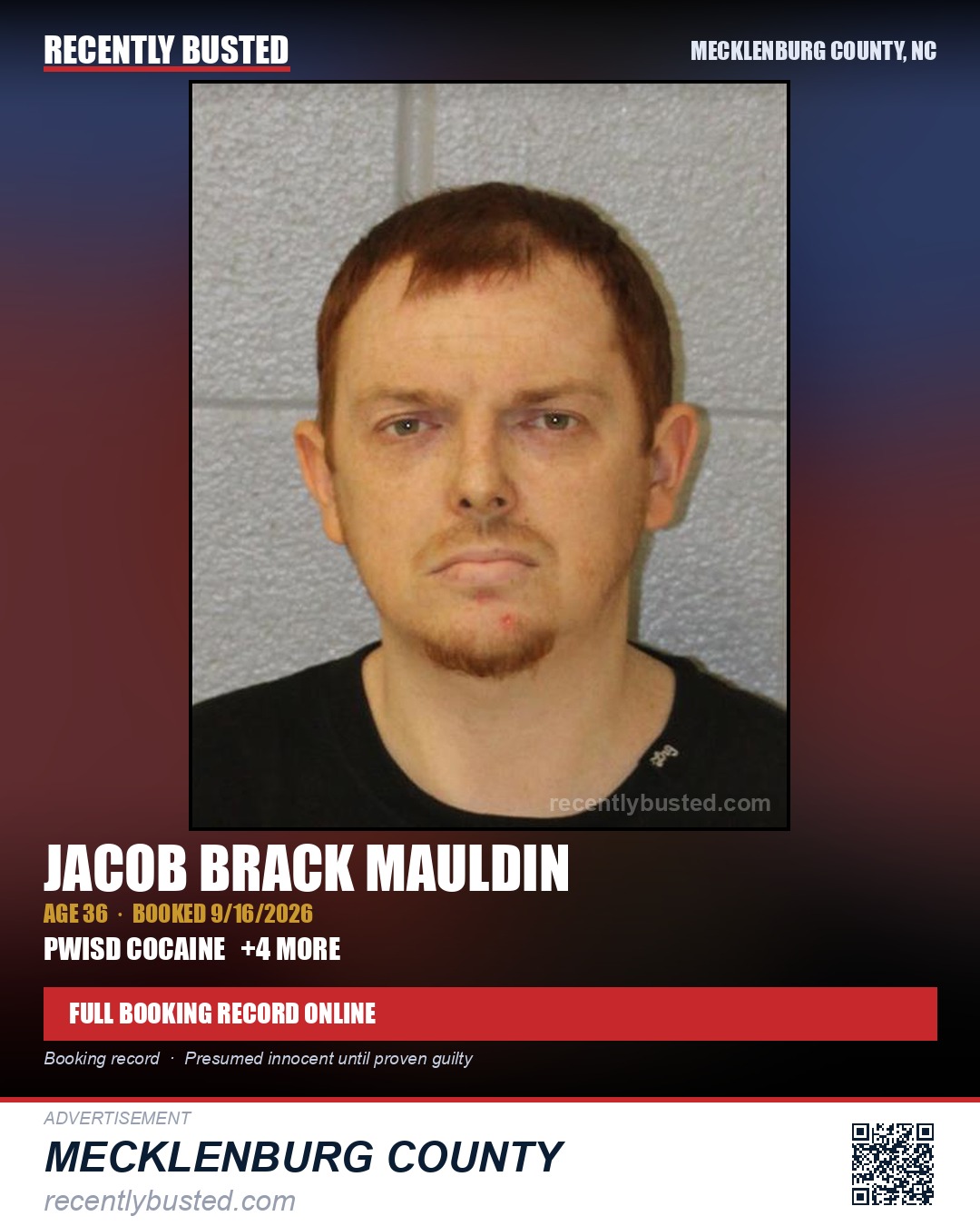JACOB BRACK MAULDIN — arrest record card, Mecklenburg County, North Carolina