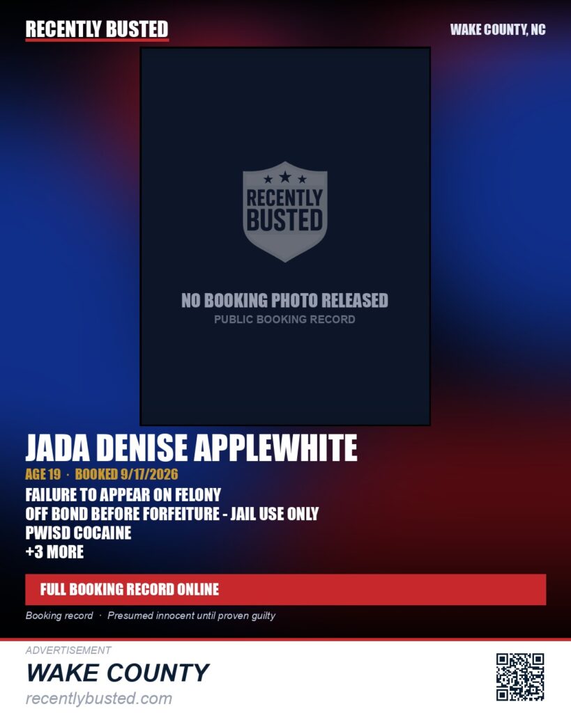 JADA DENISE APPLEWHITE — arrest record card, Wake County, North Carolina