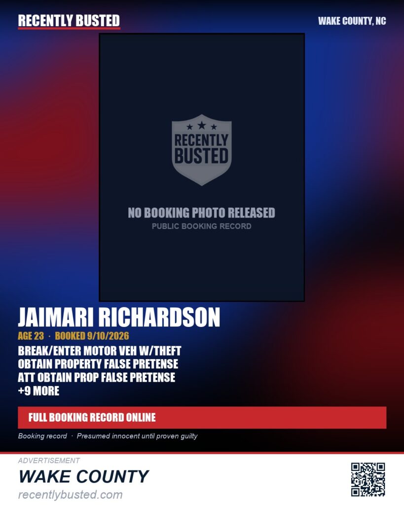 JAIMARI RICHARDSON — arrest record card, Wake County, North Carolina