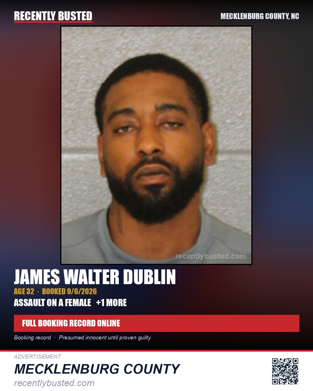 JAMES WALTER DUBLIN — arrest record card, Mecklenburg County, North Carolina
