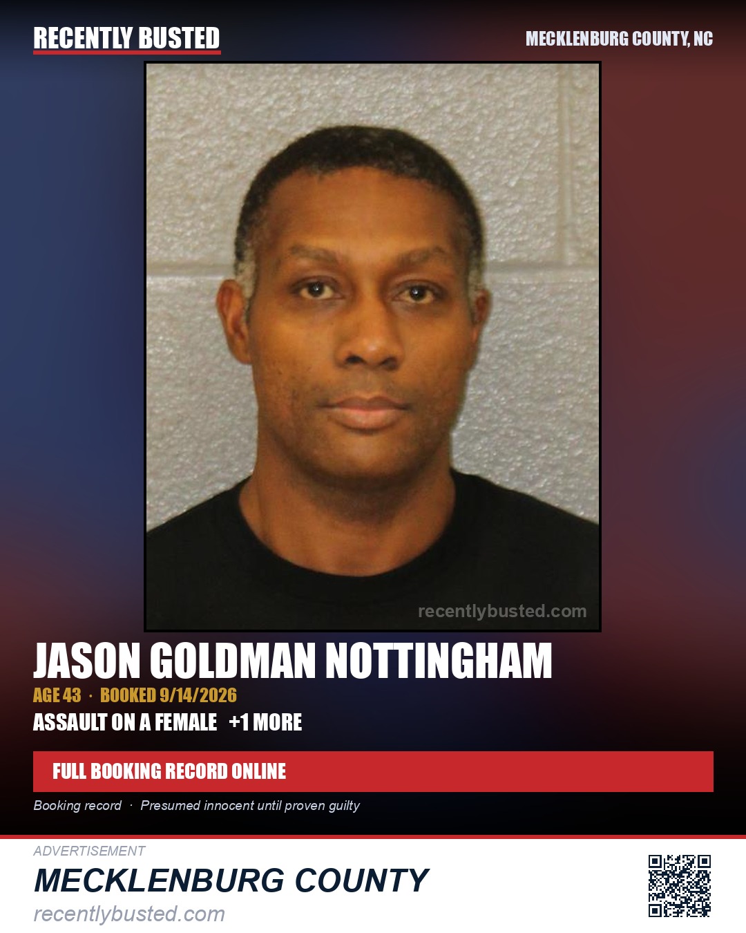 JASON GOLDMAN NOTTINGHAM — arrest record card, Mecklenburg County, North Carolina