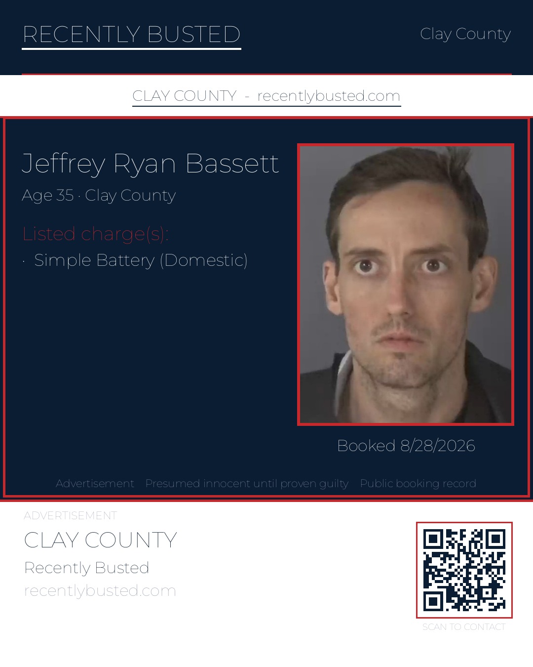 JEFFREY RYAN BASSETT — arrest record card, Clay County, Florida