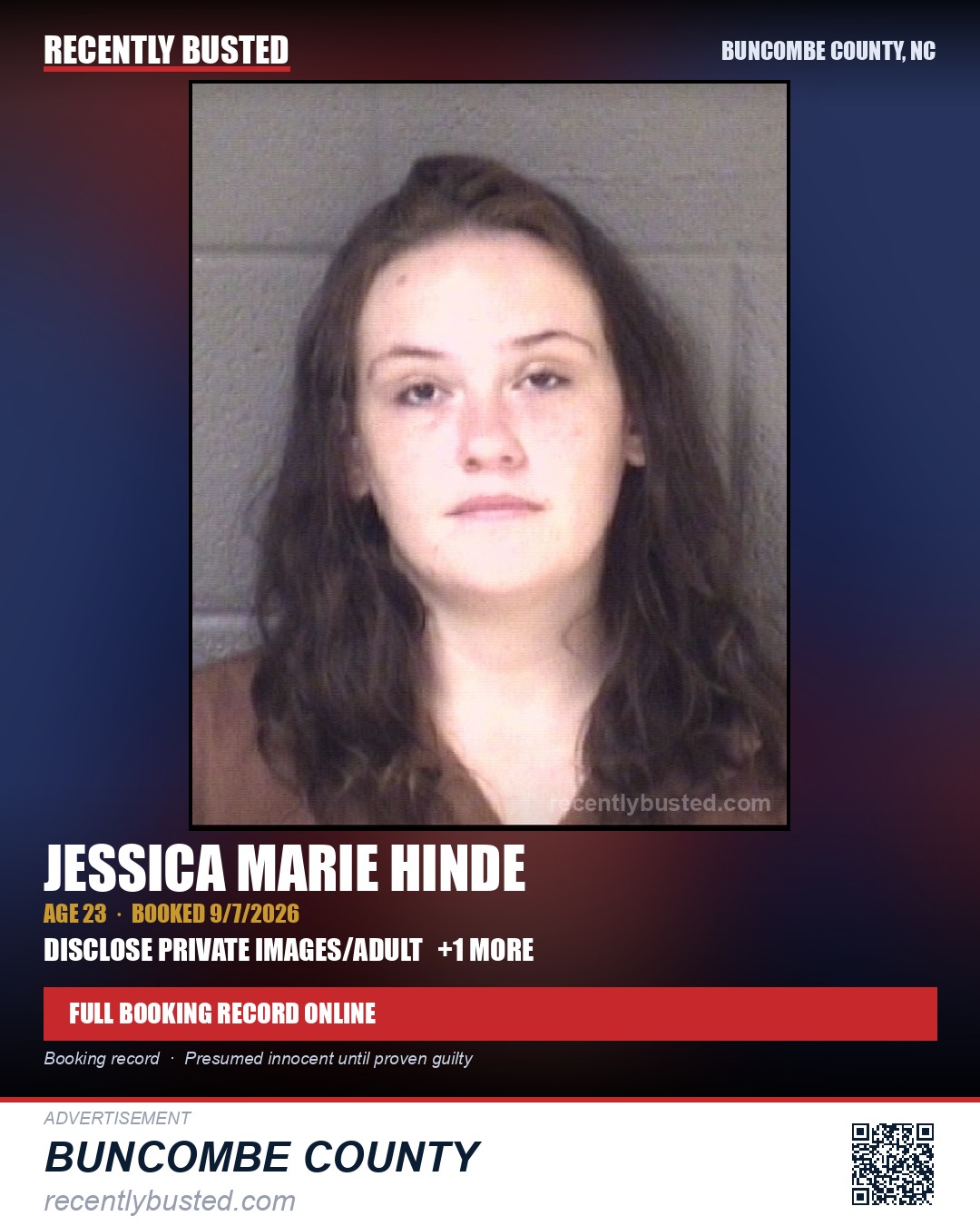 JESSICA MARIE HINDE — arrest record card, Buncombe County, North Carolina