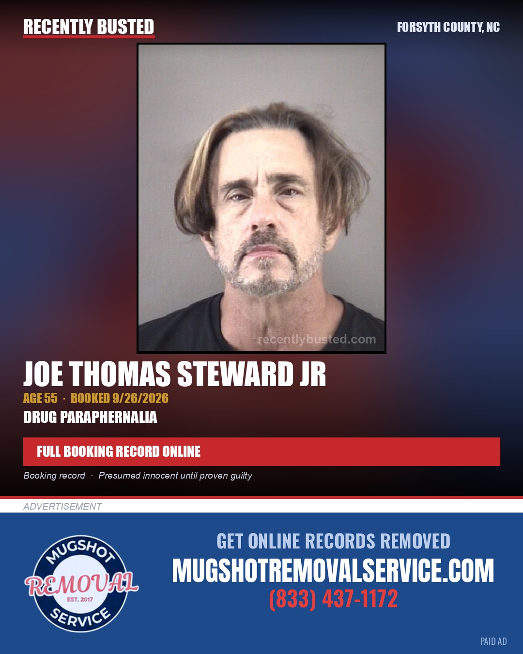 JOE THOMAS STEWARD JR — arrest record card, Forsyth County, North Carolina