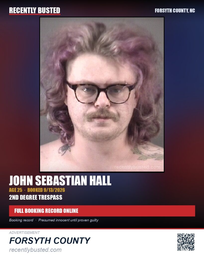 JOHN SEBASTIAN HALL — arrest record card, Forsyth County, North Carolina