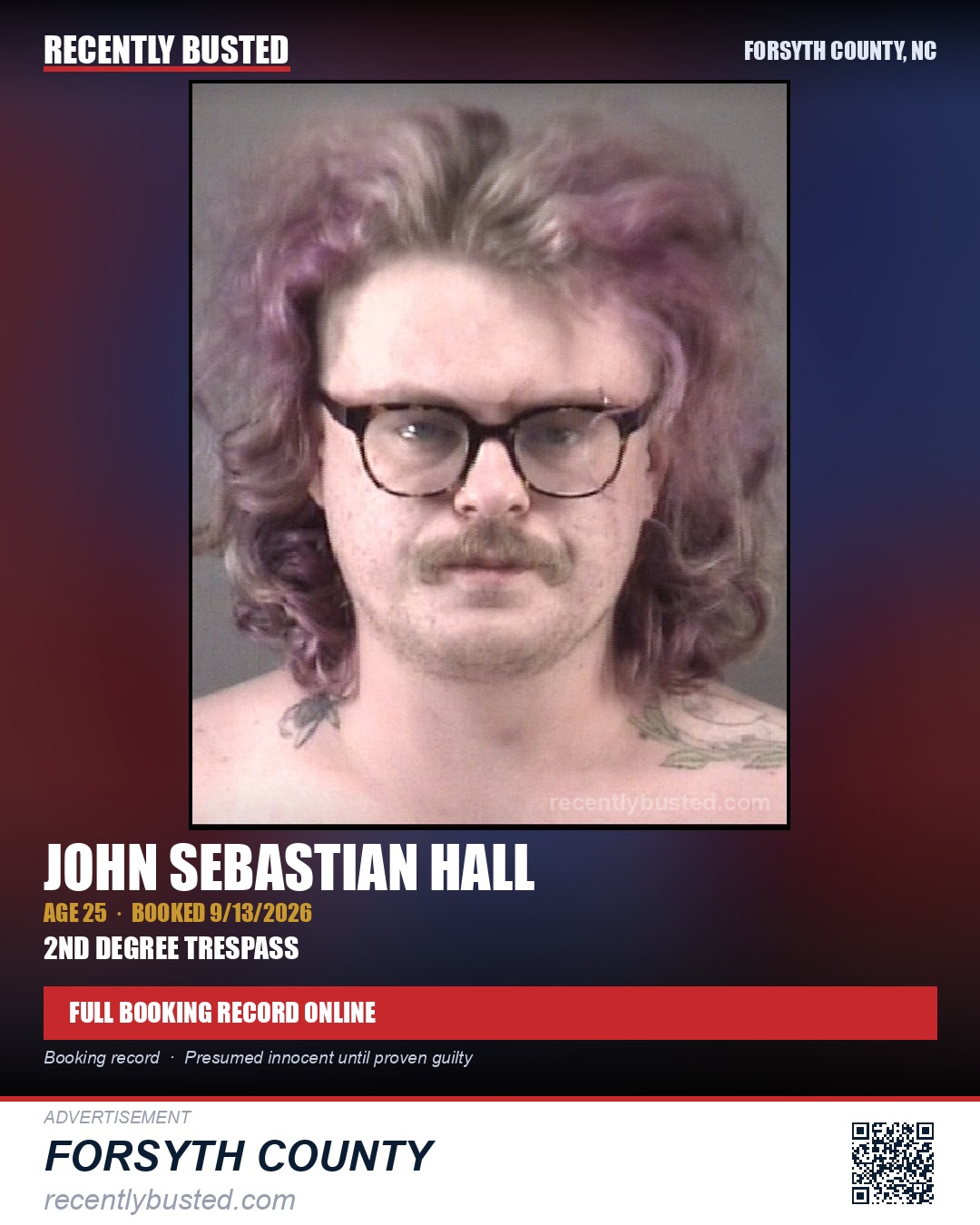 JOHN SEBASTIAN HALL — arrest record card, Forsyth County, North Carolina