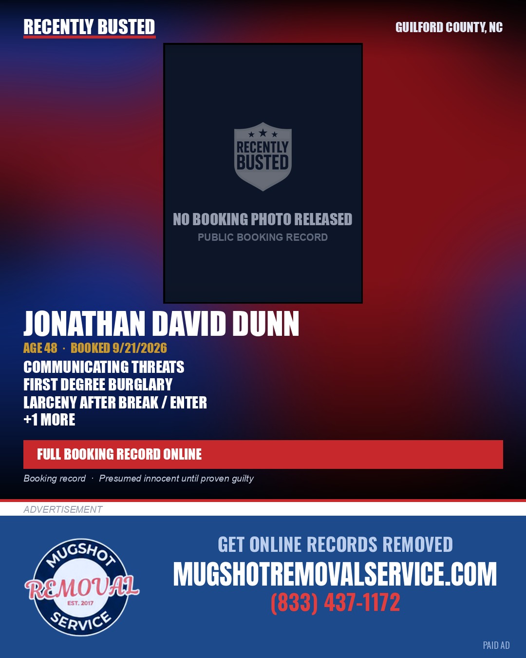 JONATHAN DAVID DUNN — arrest record card, Guilford County, North Carolina